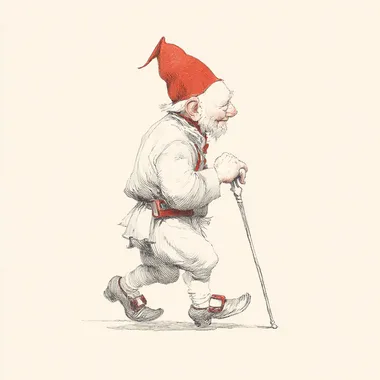 detailed illustration, happy slender and balding gnome walking with a cane, red gnome hat, white background,in the style of Howard Pyle