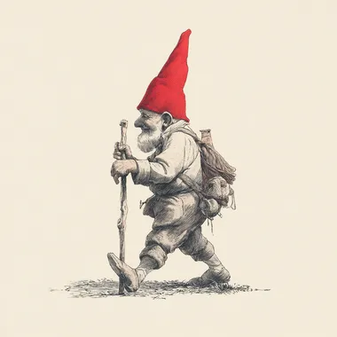detailed illustration, happy slender and balding gnome walking with a cane, red gnome hat, white background,in the style of Howard Pyle