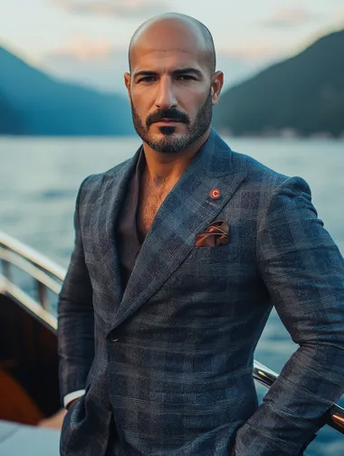 a bald turkish male in his thirties with facial stubble, posing for the camera on a luxury boat, wearing a suit,