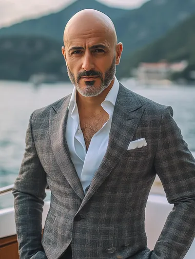 a bald turkish male in his thirties with facial stubble, posing for the camera on a luxury boat, wearing a suit,