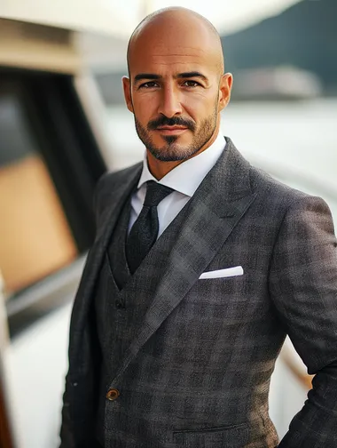 a bald turkish male in his thirties with facial stubble, posing for the camera on a luxury boat, wearing a suit,