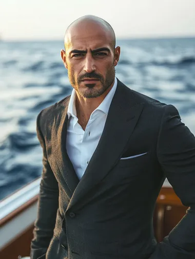 a bald turkish male in his thirties with facial stubble, posing for the camera on a luxury boat, wearing a suit,