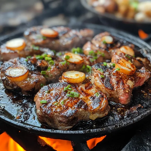 Grilling Chuck Eye Steaks and Onions in Cast Iron Skillet Outdoors
