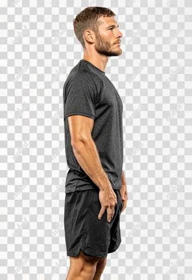 full lenght photo of a 30 year old white male standing up, intently watching ahead, seen from his right side, dynamic, sporty  --s 250