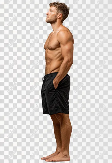 full lenght photo of a 30 year old white male standing up, intently watching ahead, seen from his right side, dynamic, sporty  --s 250