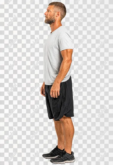 full lenght photo of a 30 year old white male standing up, intently watching ahead, seen from his right side, dynamic, sporty  --s 250