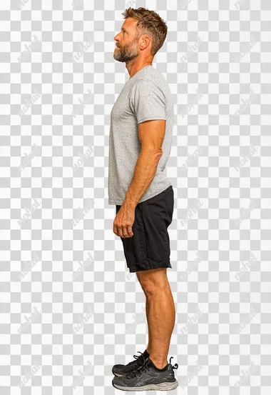 full lenght photo of a 30 year old white male standing up, intently watching ahead, seen from his right side, dynamic, sporty  --s 250