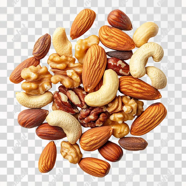 PNG Mixed nuts assortment from above on white tabletop for snacking