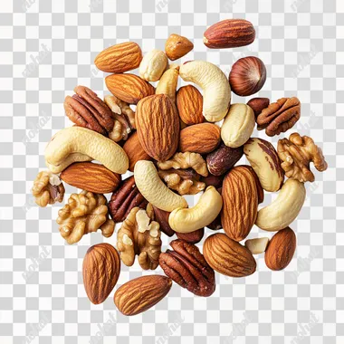 a bunch of mixed nuts top view white background