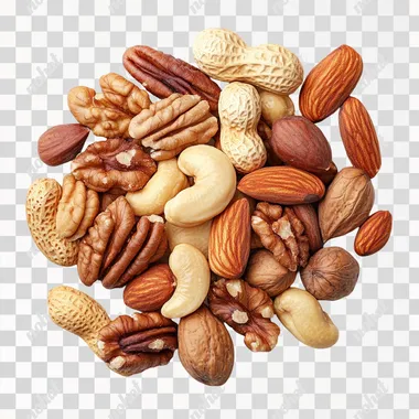 a bunch of mixed nuts top view white background