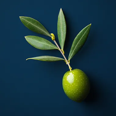 one olive with a branch on a dark blue background, macro photography --s 250