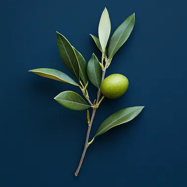 one olive with a branch on a dark blue background, macro photography --s 250