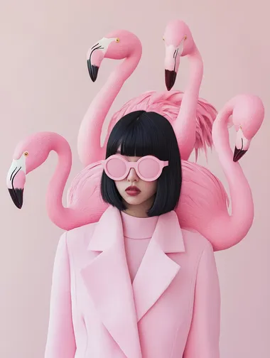 Photography, girl with black hair, pink outfit, pink flamingos, high fashion, I is colors, big city   rofile mgrbc17