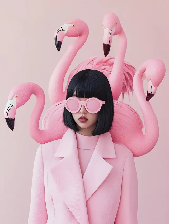 Girl with Black Hair in Pink Coat and Flamingos in Big City Fashion