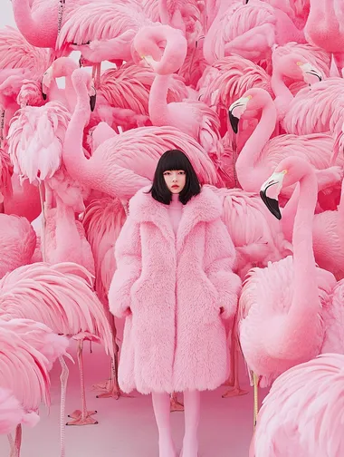 Photography, girl with black hair, pink outfit, pink flamingos, high fashion, I is colors, big city   rofile mgrbc17