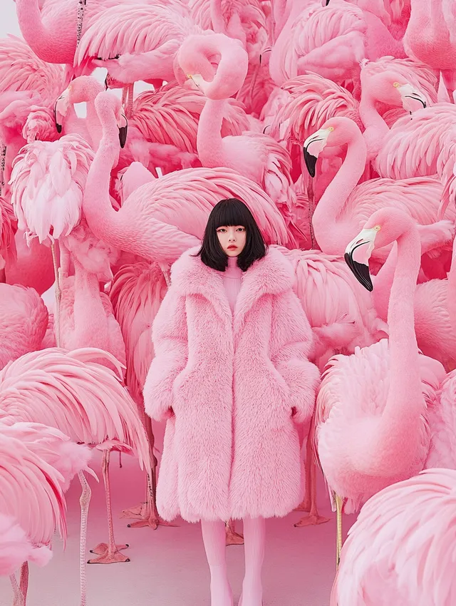 High Fashion Girl with Black Hair in Pink Outfit Among City Flamingos