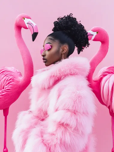 Photography, girl with black hair, pink outfit, pink flamingos, high fashion, I is colors, big city   rofile mgrbc17