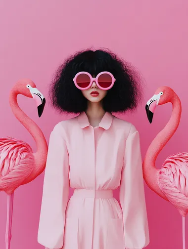 Photography, girl with black hair, pink outfit, pink flamingos, high fashion, I is colors, big city   rofile mgrbc17