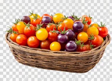 a bunch of Rainbow cherry tomato, orange, yellow, red, purple in a basket, white isolated background, front view