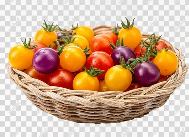 a bunch of Rainbow cherry tomato, orange, yellow, red, purple in a basket, white isolated background, front view