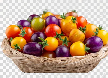 a bunch of Rainbow cherry tomato, orange, yellow, red, purple in a basket, white isolated background, front view