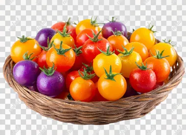 a bunch of Rainbow cherry tomato, orange, yellow, red, purple in a basket, white isolated background, front view