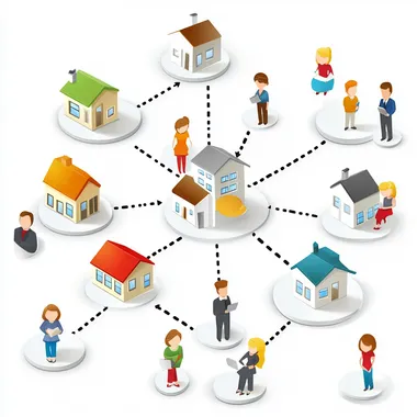 social network for investing, in style of cartoon with white background, showing people realestate realtors lawyers cpa icons network