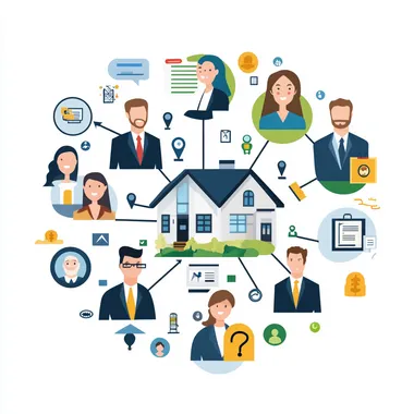 social network for investing, in style of cartoon with white background, showing people realestate realtors lawyers cpa icons network