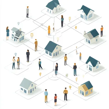 social network for investing, in style of cartoon with white background, showing people realestate realtors lawyers cpa icons network