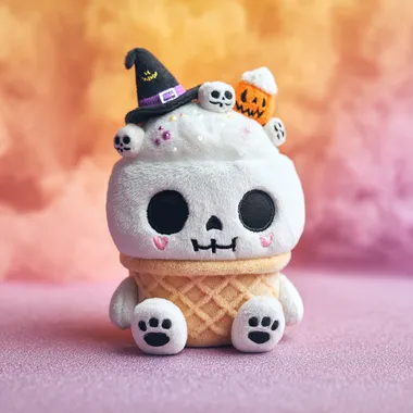 A skeleton ice cream plush toy. There is a skull face on the white ice cream, creepy but cute Adorned with Halloween elements. The doll is similar in style to the Jellycat brand. Halloween atmosphere.