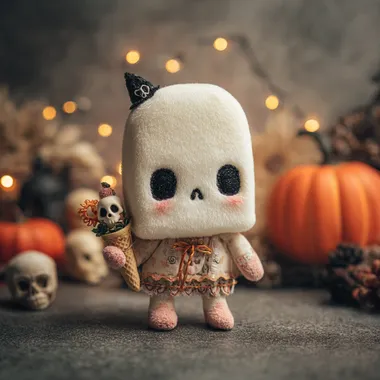 A skeleton ice cream plush toy. There is a skull face on the white ice cream, creepy but cute Adorned with Halloween elements. The doll is similar in style to the Jellycat brand. Halloween atmosphere.