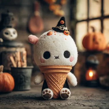 A skeleton ice cream plush toy. There is a skull face on the white ice cream, creepy but cute Adorned with Halloween elements. The doll is similar in style to the Jellycat brand. Halloween atmosphere.