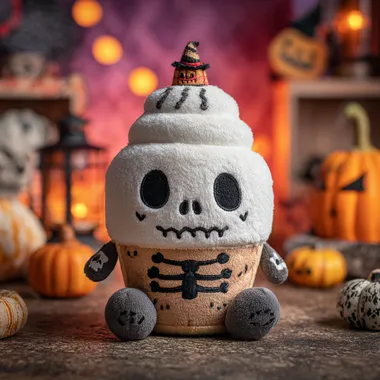 A skeleton ice cream plush toy. There is a skull face on the white ice cream, creepy but cute Adorned with Halloween elements. The doll is similar in style to the Jellycat brand. Halloween atmosphere.