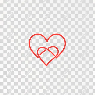 A simple heart-shaped outline with two hearts intertwined, one larger and one smaller, with a clean and minimalistic design in a solid red color. The hearts should be smooth and modern, with the smaller heart partially overlapping the larger one. The background should be pure white to highlight the red heart shapes.