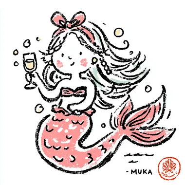 whimsical full-body doodle-style mermaid illustration, messy coquette bow tied in her hair, holding a champagne glass, playful pose, pastel colors (pinks, seafoam green, light blue), soft watercolor texture, hand-drawn style, simple white background, clipart style  3652866000 rofile c61vg2w  --sv 4