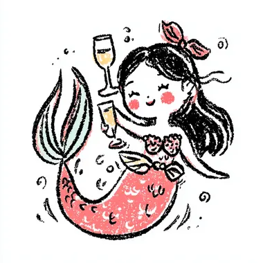 whimsical full-body doodle-style mermaid illustration, messy coquette bow tied in her hair, holding a champagne glass, playful pose, pastel colors (pinks, seafoam green, light blue), soft watercolor texture, hand-drawn style, simple white background, clipart style  3652866000 rofile c61vg2w  --sv 4
