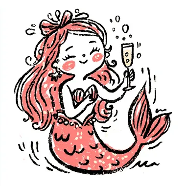 whimsical full-body doodle-style mermaid illustration, messy coquette bow tied in her hair, holding a champagne glass, playful pose, pastel colors (pinks, seafoam green, light blue), soft watercolor texture, hand-drawn style, simple white background, clipart style  3652866000 rofile c61vg2w  --sv 4