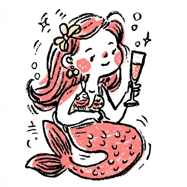 whimsical full-body doodle-style mermaid illustration, messy coquette bow tied in her hair, holding a champagne glass, playful pose, pastel colors (pinks, seafoam green, light blue), soft watercolor texture, hand-drawn style, simple white background, clipart style  3652866000 rofile c61vg2w  --sv 4