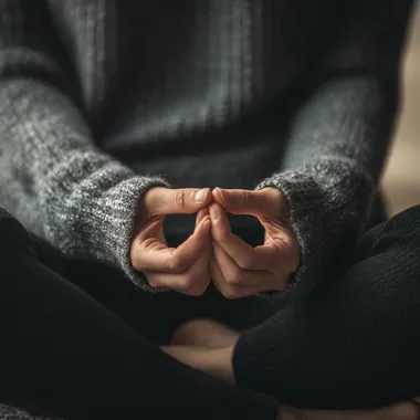 person sitting cross legged while meditating with hands in front