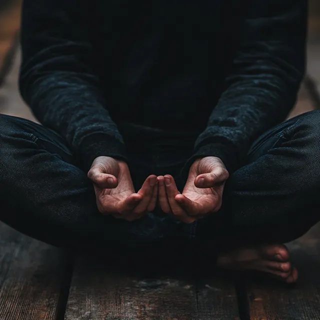 Person meditating in lotus position on wooden floor in living room