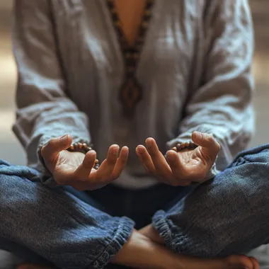 person sitting cross legged while meditating with hands in front