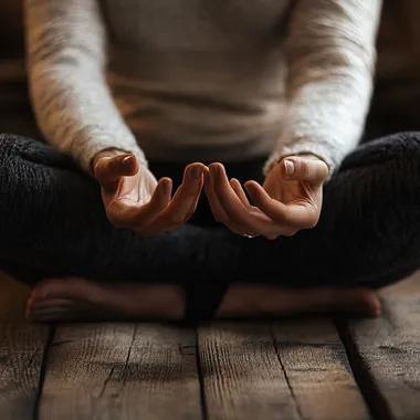 person sitting cross legged while meditating with hands in front