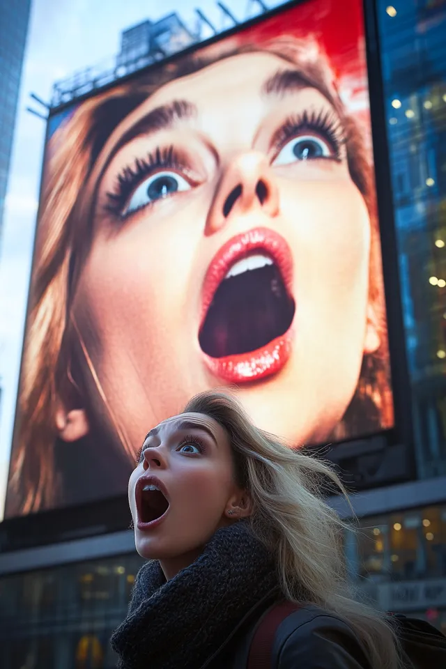 a woman standing in front of a large billboard