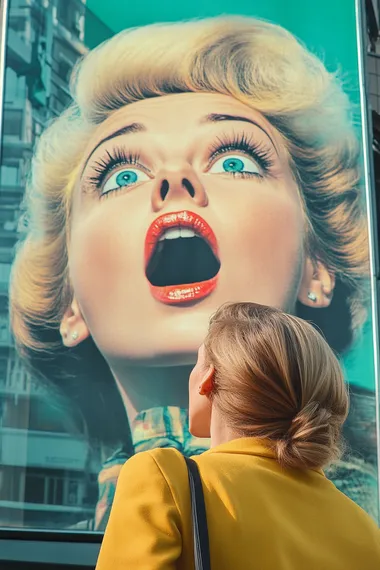 woman looking in amazement at a giant outdoor advertisement photograph in the style of funnies