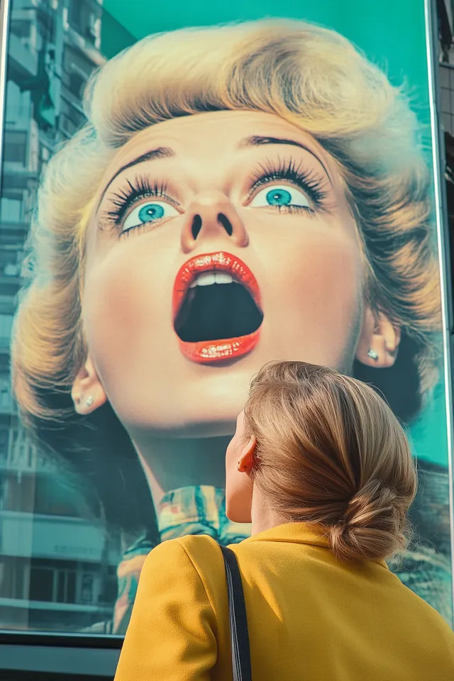a woman looking at a billboard with a surprised face