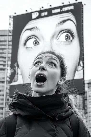 woman looking in amazement at a giant outdoor advertisement photograph in the style of funnies