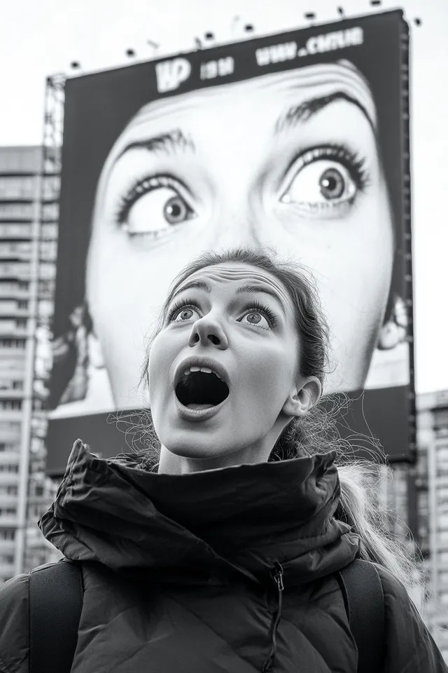 a woman standing in front of a billboard with her mouth open