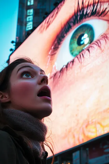 woman looking in amazement at a giant outdoor advertisement photograph in the style of funnies