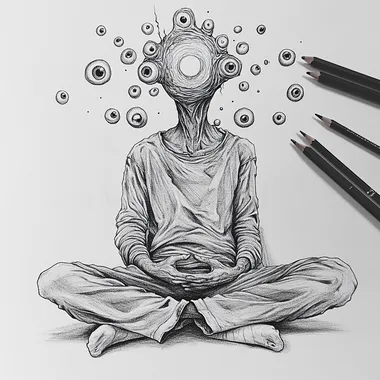 Create a surrealist-style pencil drawing of a character sitting cross-legged with an empty head and eyes protruding from the head everywhere, monochrome