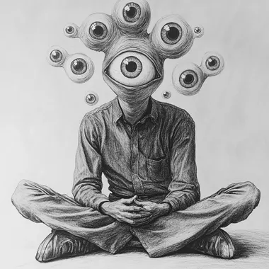 Create a surrealist-style pencil drawing of a character sitting cross-legged with an empty head and eyes protruding from the head everywhere, monochrome